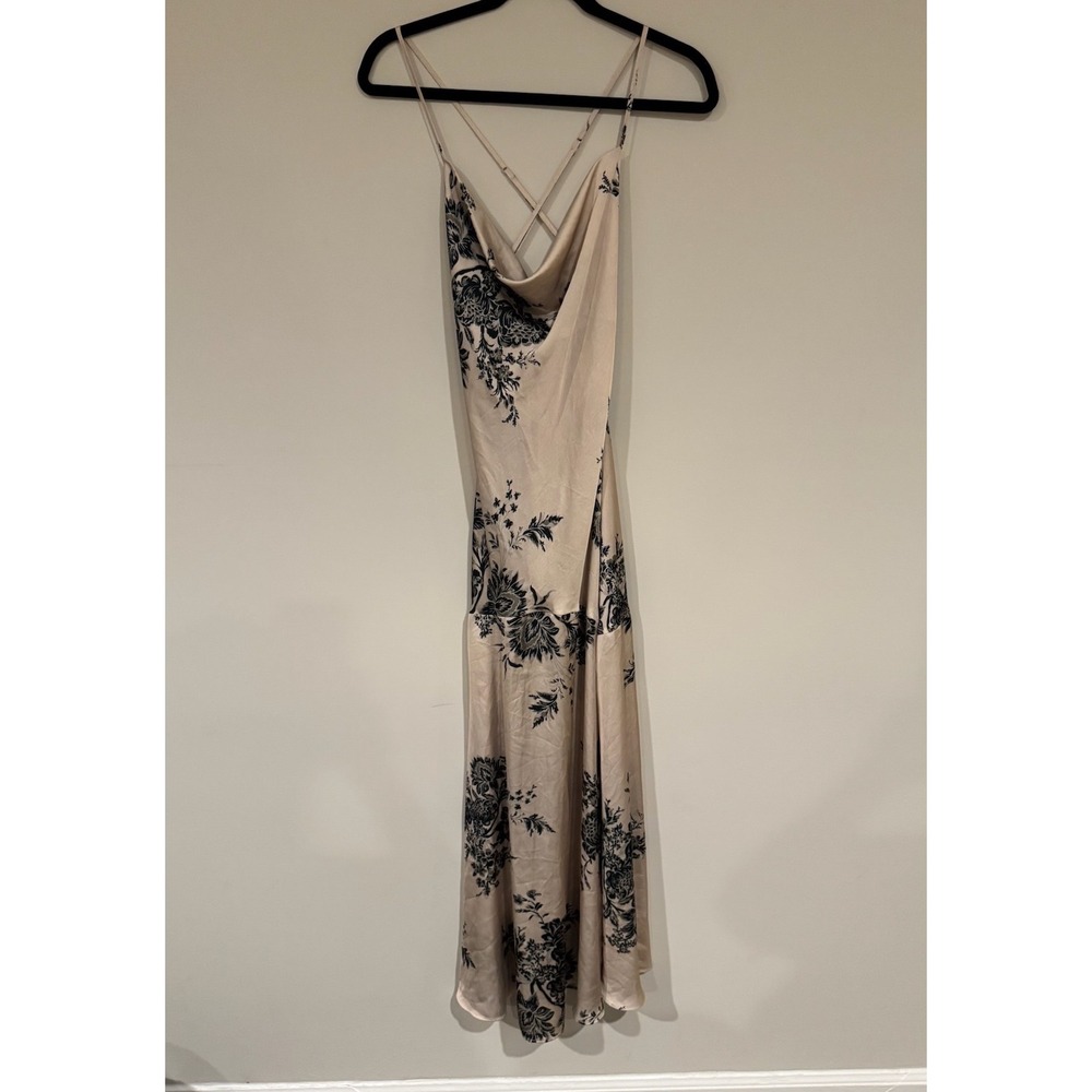 Intimately Free People Floral Cowl Neck Open Back Satin Slip Dress Champagne XS